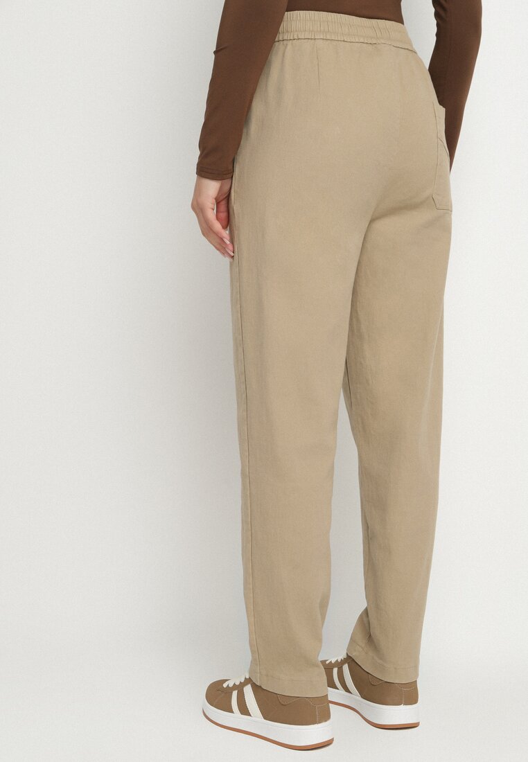 Beżowe Spodnie Bawełniane w Stylu Mom Fit ze Sznurkiem  Adenelle