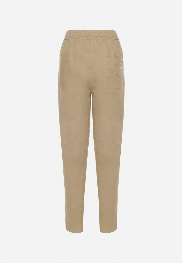 Beżowe Spodnie Bawełniane w Stylu Mom Fit ze Sznurkiem  Adenelle