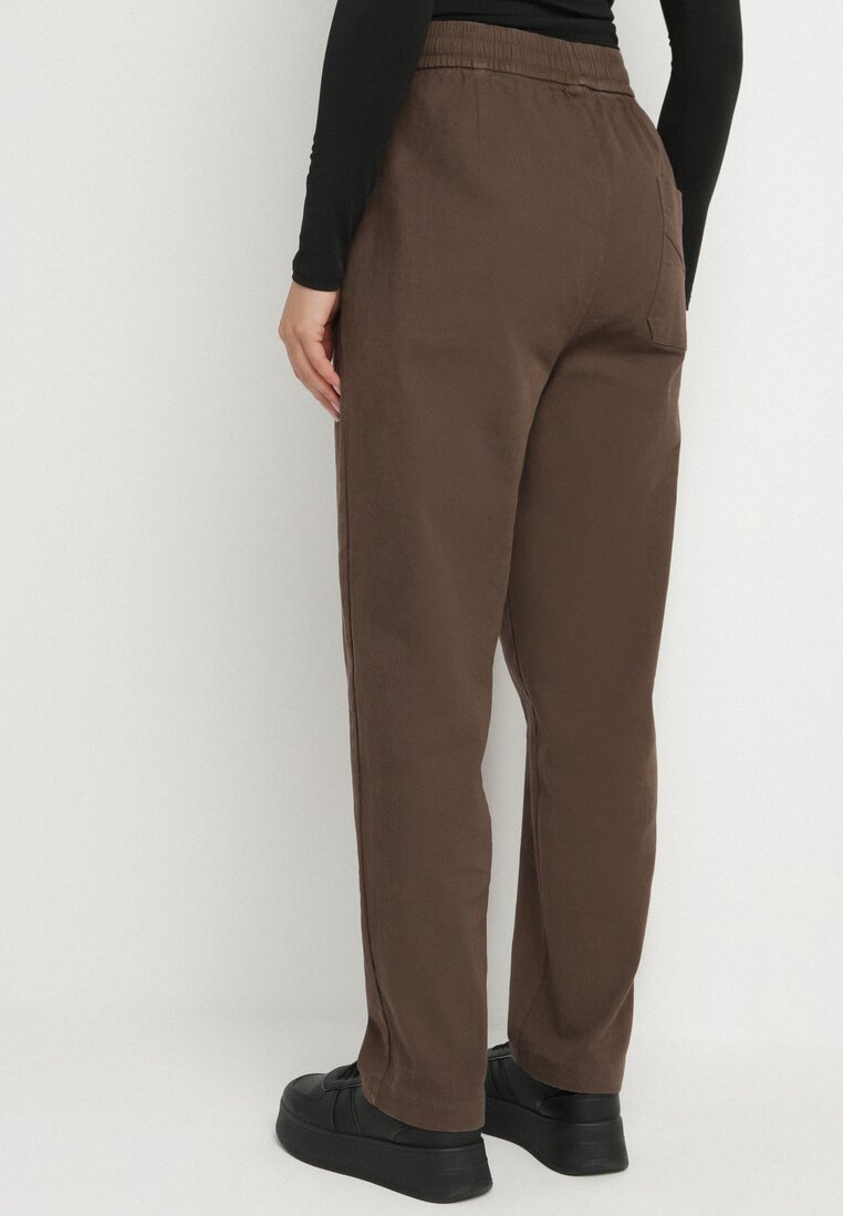 Brązowe Spodnie Bawełniane w Stylu Mom Fit ze Sznurkiem  Adenelle