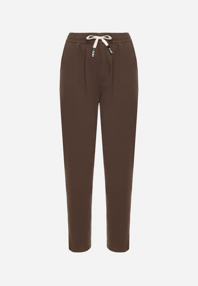 Brązowe Spodnie Bawełniane w Stylu Mom Fit ze Sznurkiem  Adenelle