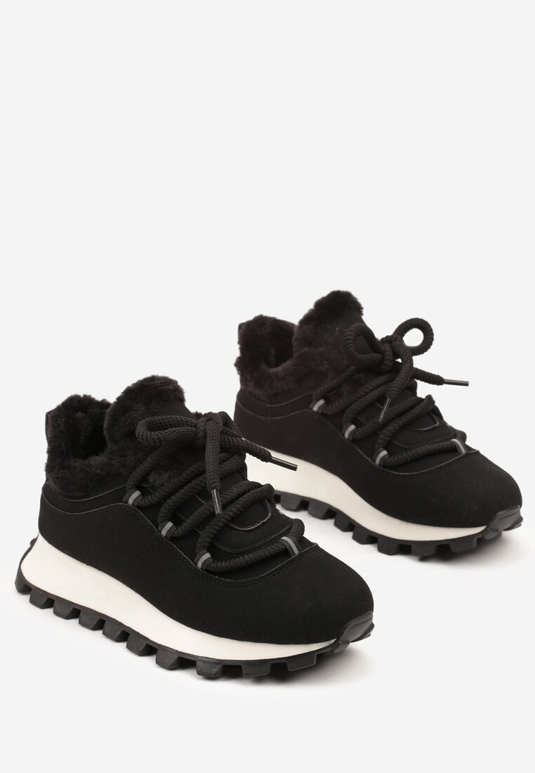 Czarne Sneakersy w Stylu Śniegowców na Grubej Podeszwie z Tłoczeniem Sinetta