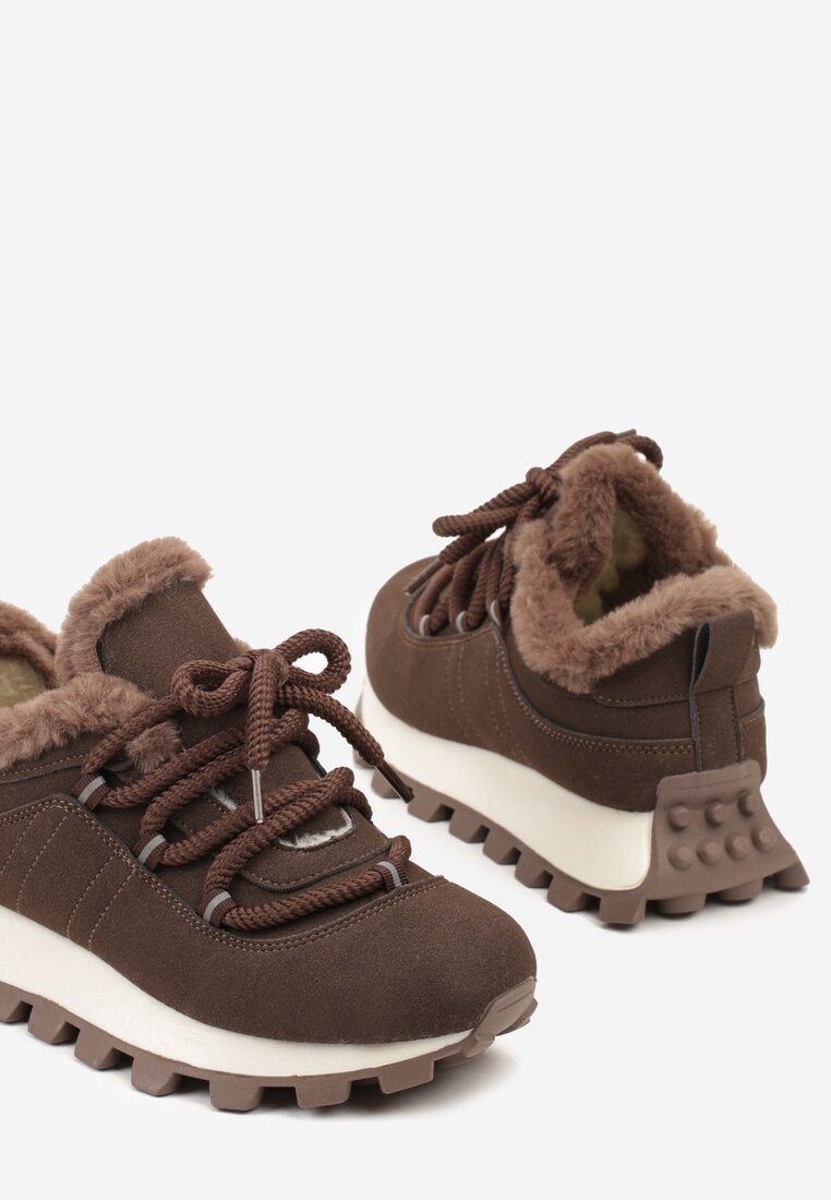 Brązowe Sneakersy w Stylu Śniegowców na Grubej Podeszwie z Tłoczeniem Sinetta