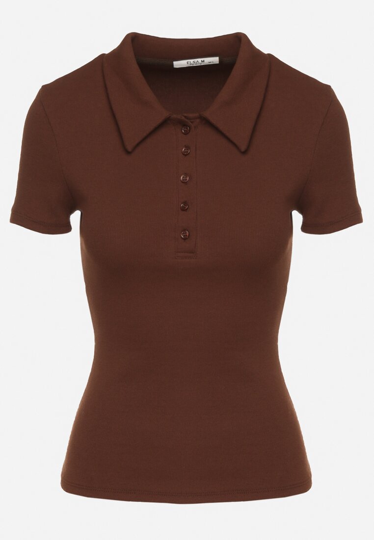 Brązowy Bawełniany T-shirt Prążkowany Typu Polo z Guzikami Avelavia