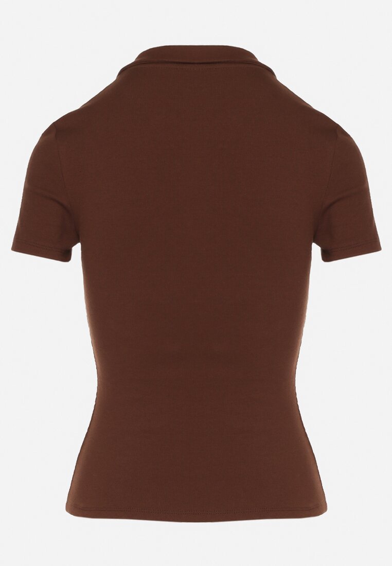 Brązowy Bawełniany T-shirt Prążkowany Typu Polo z Guzikami Avelavia