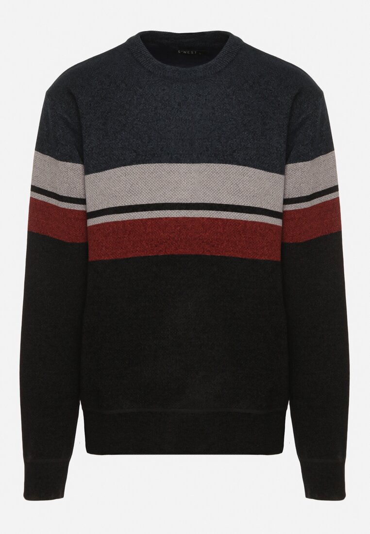 Granatowy Sweter z Wełną z Eleganckim Kołnierzykiem Koszulowym Espalea