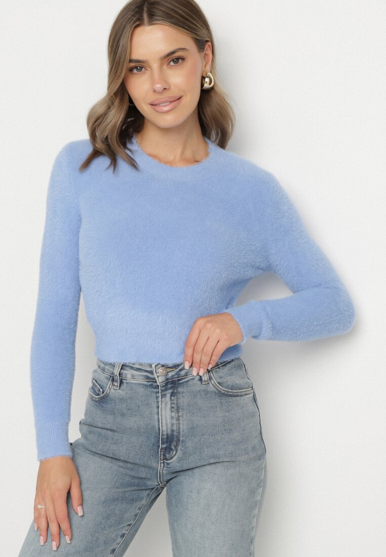 Niebieski Krótki Sweter Puchaty Dindra
