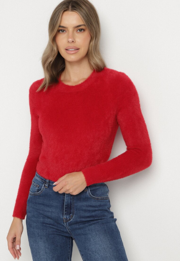 Bordowy Krótki Sweter Puchaty Dindra