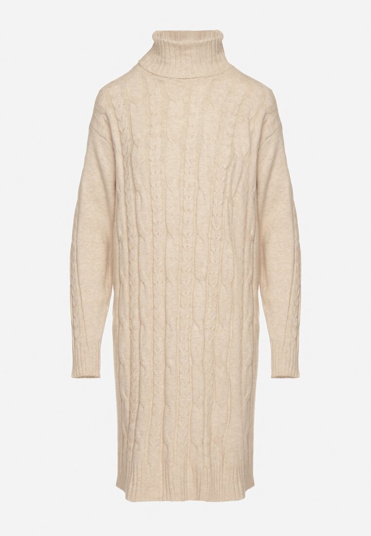 Jasnobeżowa Sweterkowa Sukienka z Golfem Ozdobiona Tłoczeniem Lanika