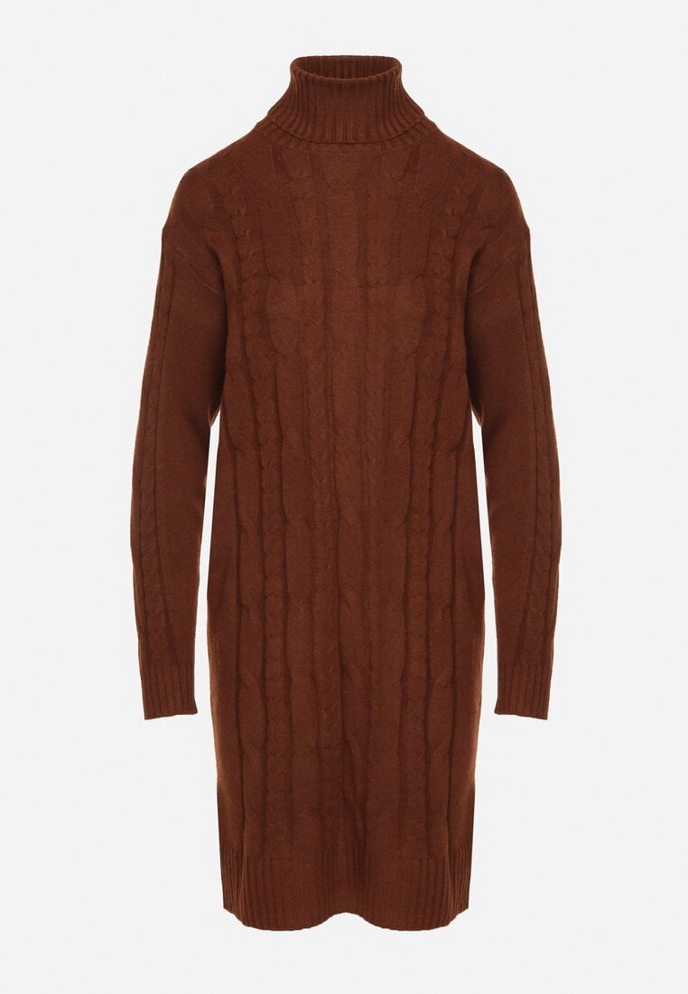 Brązowa Sweterkowa Sukienka z Golfem Ozdobiona Tłoczeniem Lanika
