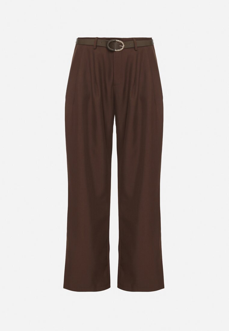 Brązowe Szerokie Spodnie Garniturowe z Paskiem z Klamrą w Kształcie Muszelki Setera