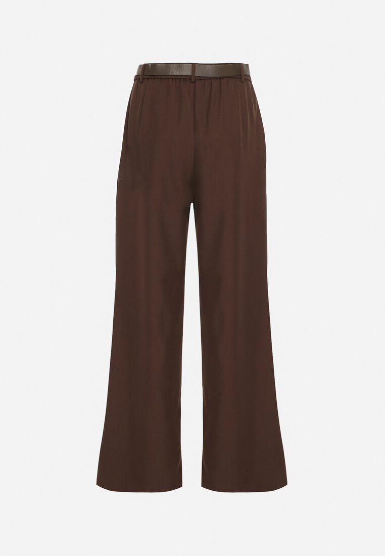 Brązowe Szerokie Spodnie Garniturowe z Paskiem z Klamrą w Kształcie Muszelki Setera