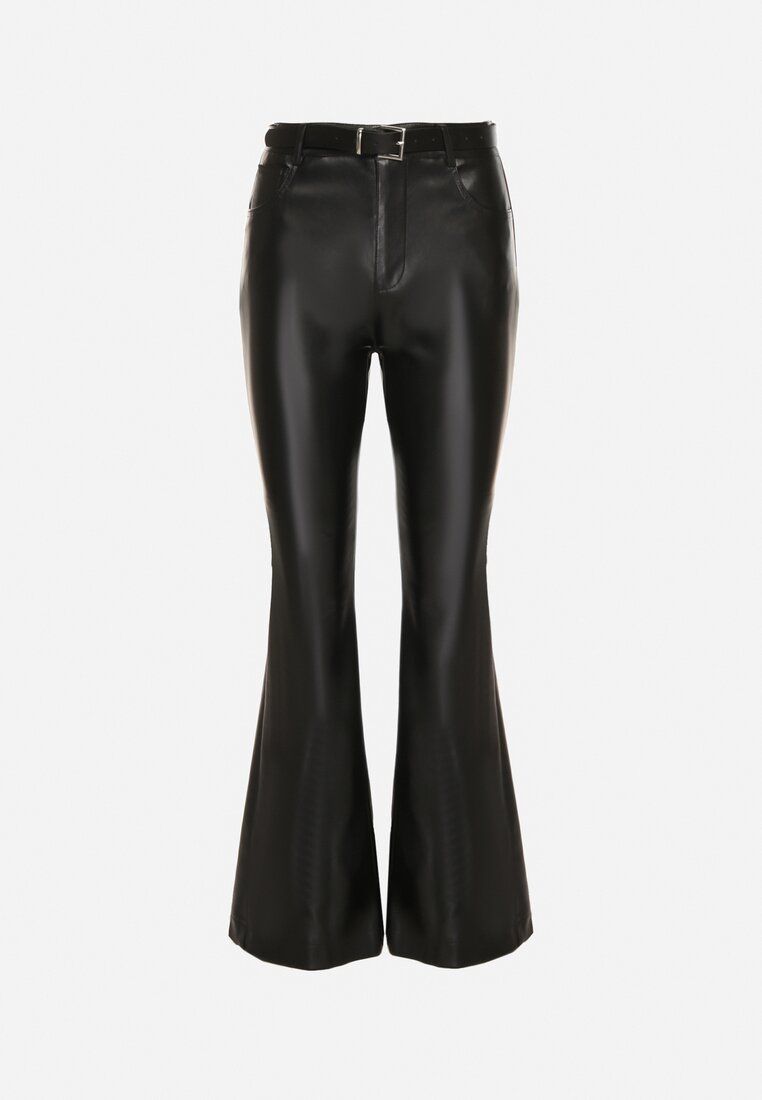 Czarne Spodnie Dzwony z Imitacji Skóry Vebora