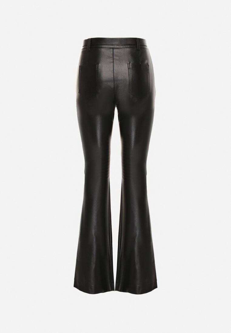 Czarne Spodnie Dzwony z Imitacji Skóry Vebora