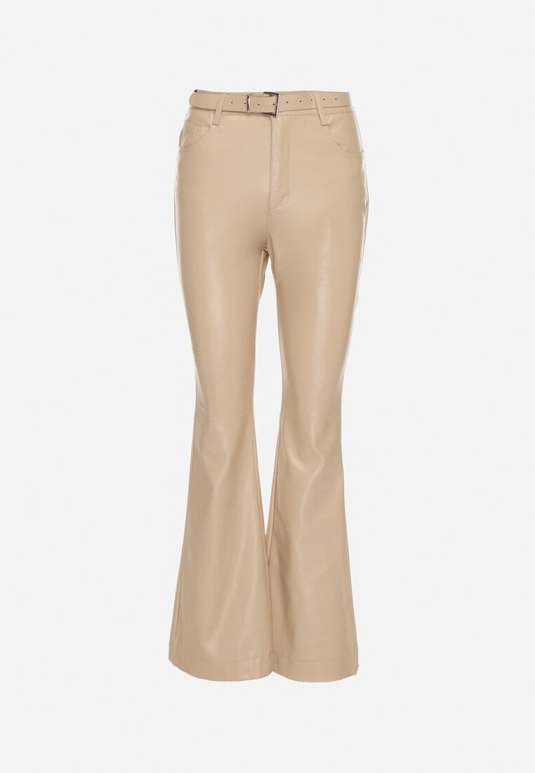 Beżowe Spodnie Dzwony z Imitacji Skóry Vebora