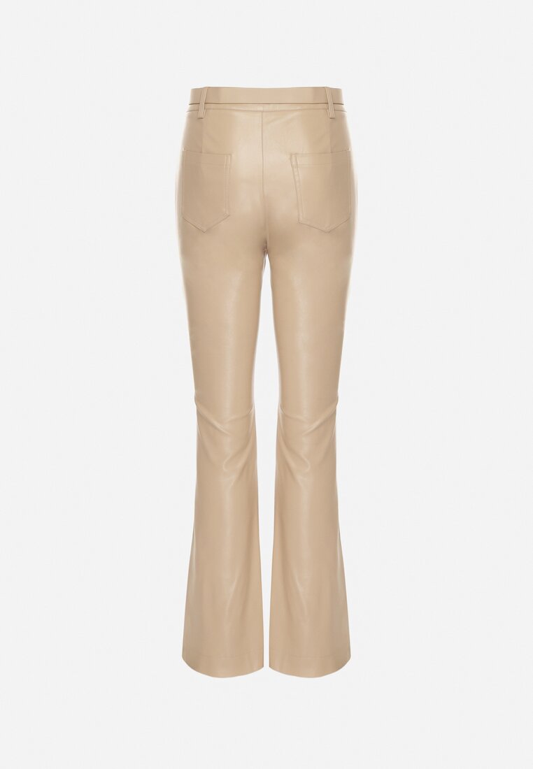 Beżowe Spodnie Dzwony z Imitacji Skóry Vebora