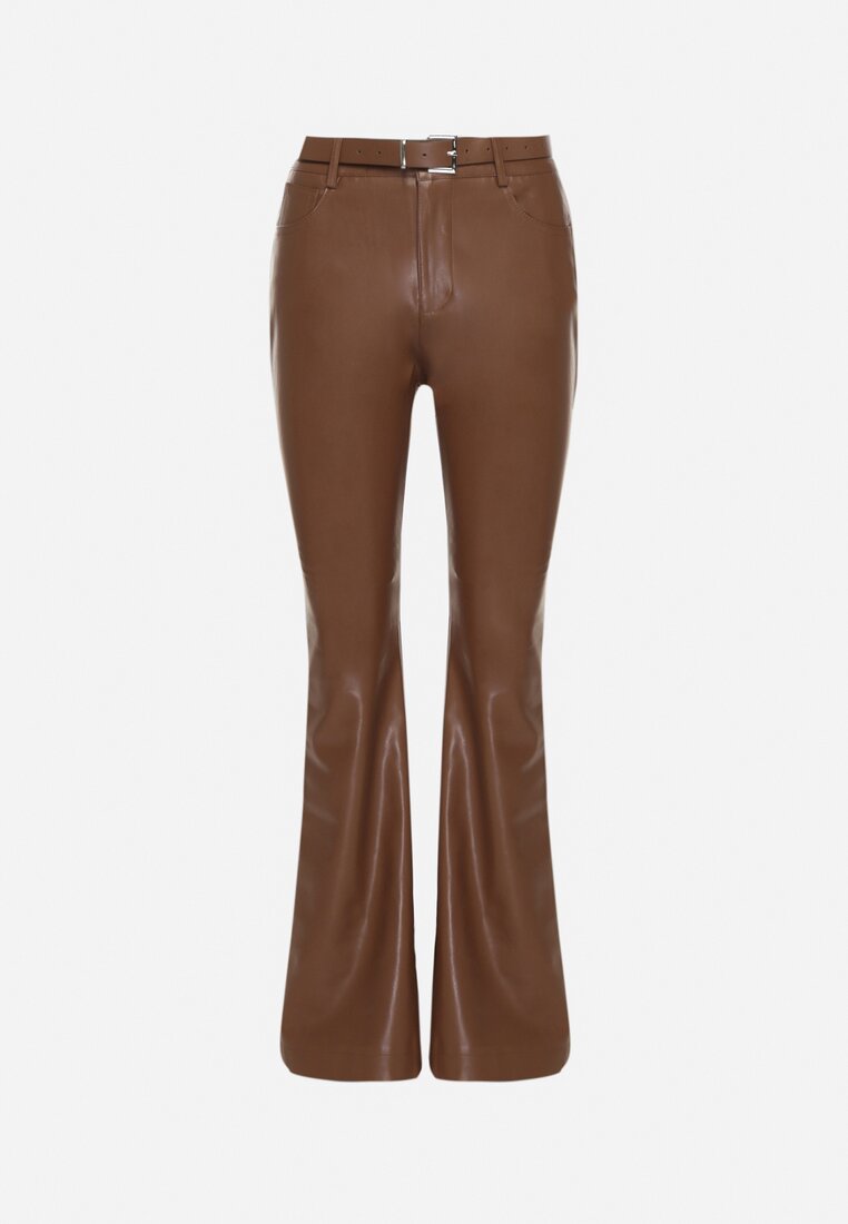 Brązowe Spodnie Dzwony z Imitacji Skóry Vebora