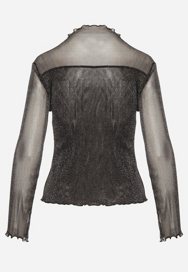 Czarna Siateczkowa Bluzka z Długimi Rękawami i Golfem z Metaliczną Nicią Azisa