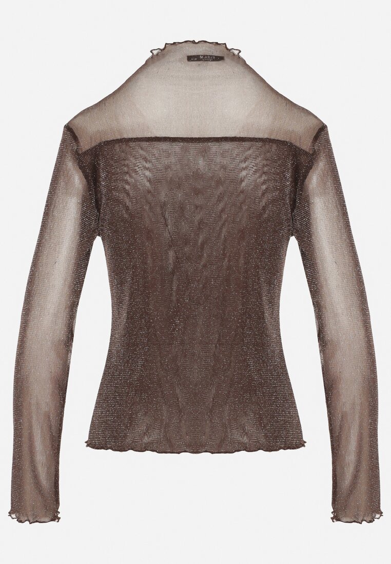 Brązowa Siateczkowa Bluzka z Długimi Rękawami i Golfem z Metaliczną Nicią Azisa