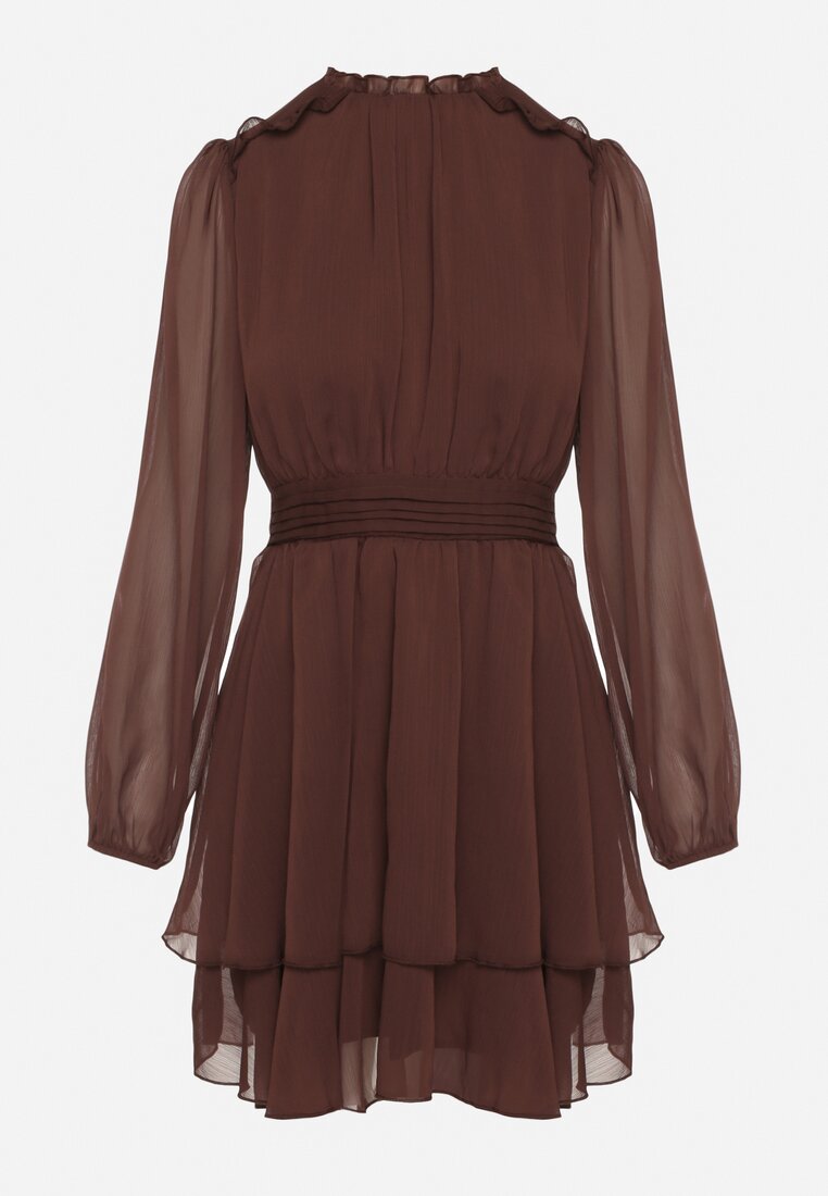 Brązowa Rozkloszowana Sukienka Siateczkowa z Bufiastymi Rękawami Isovana