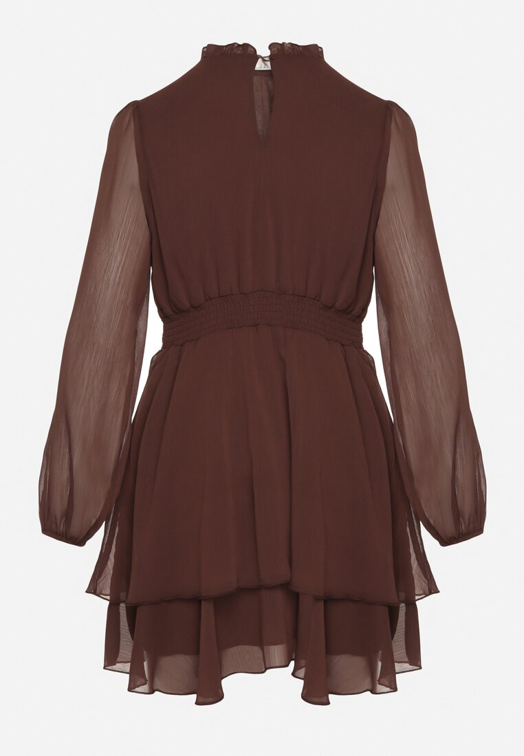 Brązowa Rozkloszowana Sukienka Siateczkowa z Bufiastymi Rękawami Isovana