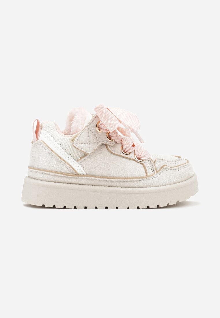 Beżowe Śniegowce Sneakersy z Ozdobnym Sznurowaniem Ocieplane Futerkiem Nalinia