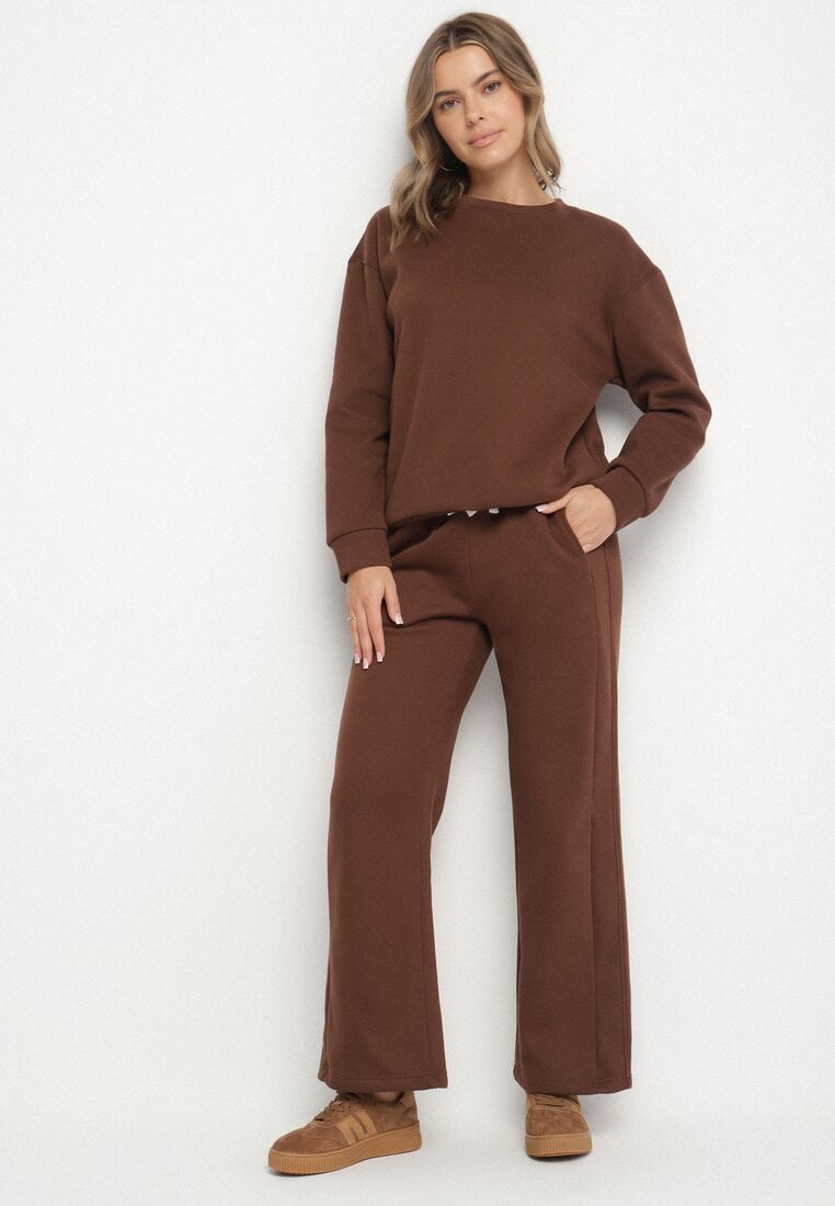 Brązowy Bawełniany Komplet Dresowy Oversize z Ociepleniem Bluza i Spodnie Cantila