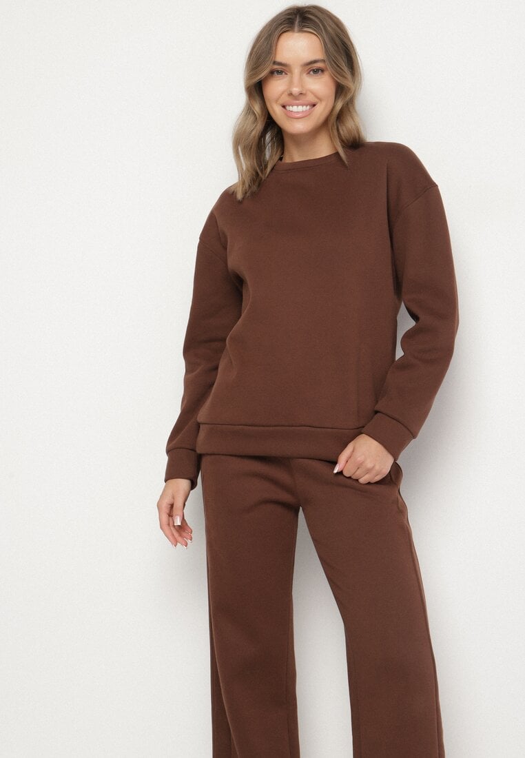 Brązowy Bawełniany Komplet Dresowy Oversize z Ociepleniem Bluza i Spodnie Cantila