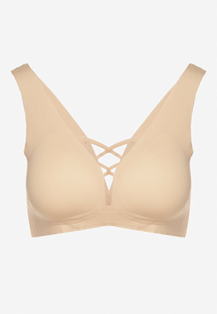 Beżowy Biustonosz Sportowy z Siateczką i Gorsetowym Zdobieniem Saliatessa