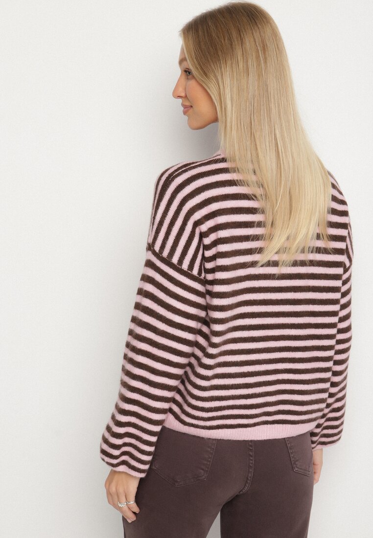 Różowy Sweter Oversize w Paski z Dodatkiem Wełny i Wiskozy Tianalla