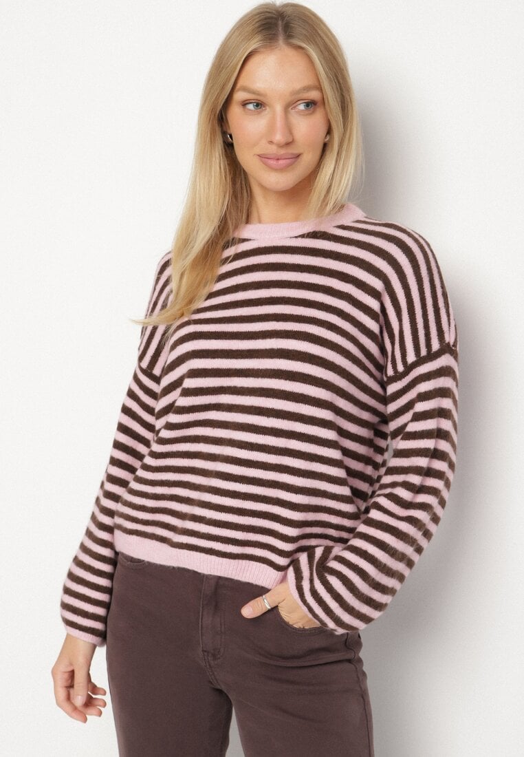 Różowy Sweter Oversize w Paski z Dodatkiem Wełny i Wiskozy Tianalla