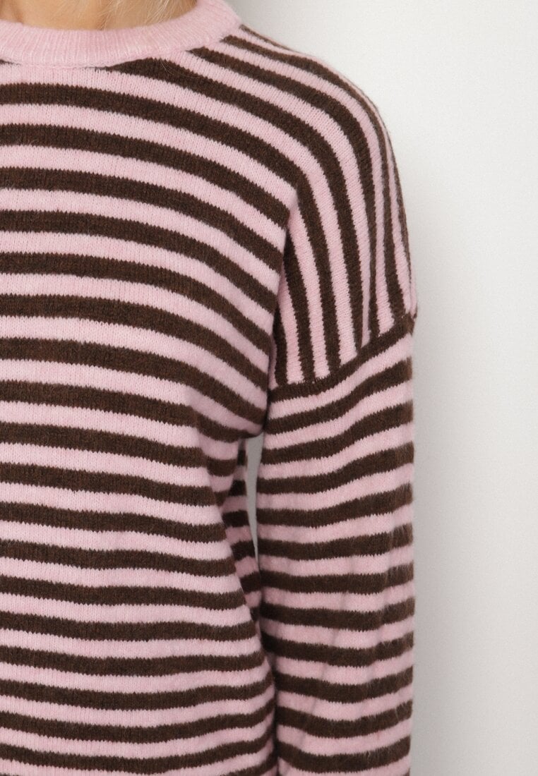 Różowy Sweter Oversize w Paski z Dodatkiem Wełny i Wiskozy Tianalla