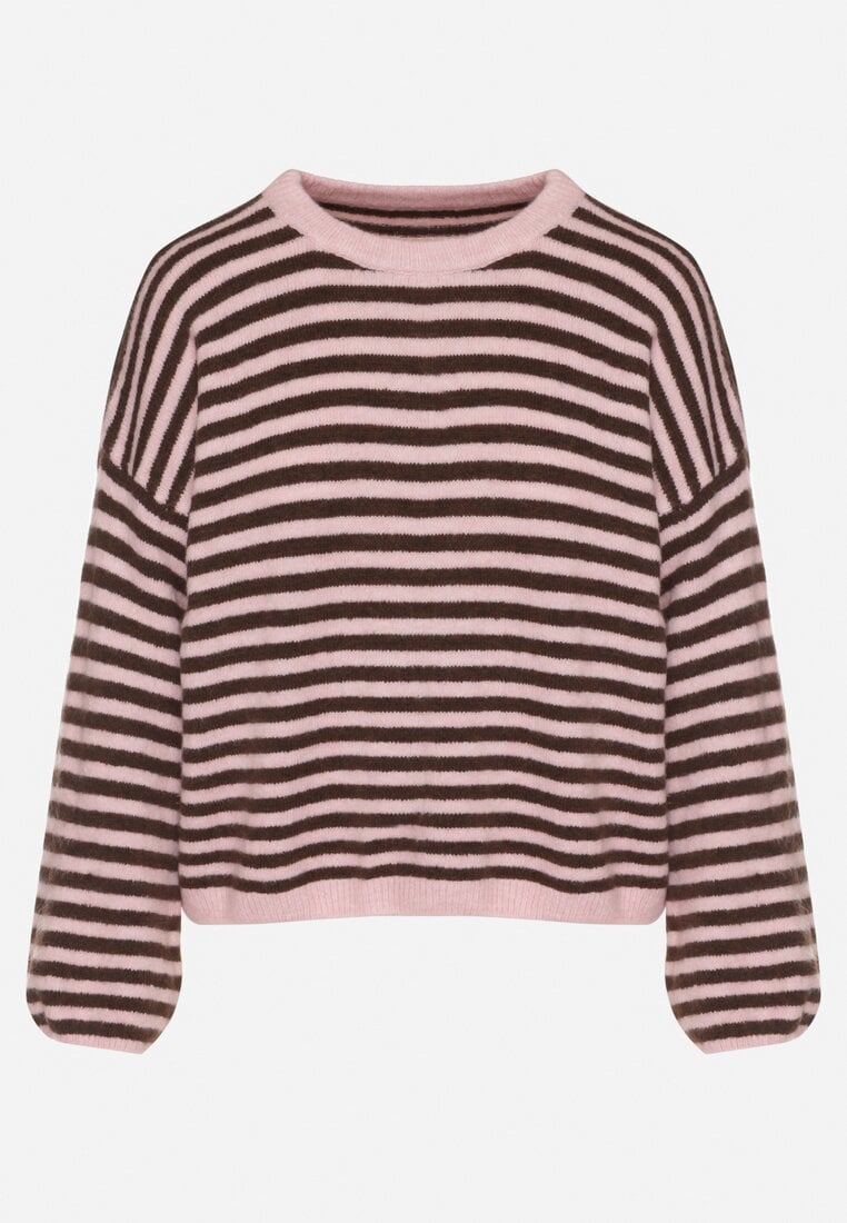 Różowy Sweter Oversize w Paski z Dodatkiem Wełny i Wiskozy Tianalla
