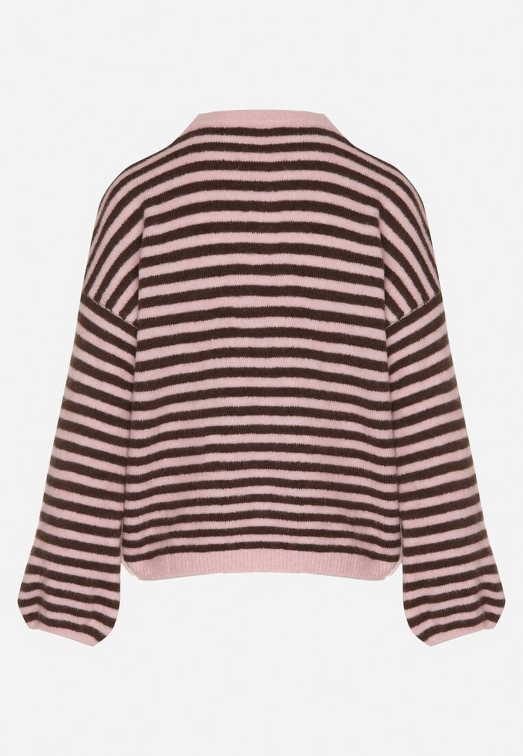 Różowy Sweter Oversize w Paski z Dodatkiem Wełny i Wiskozy Tianalla