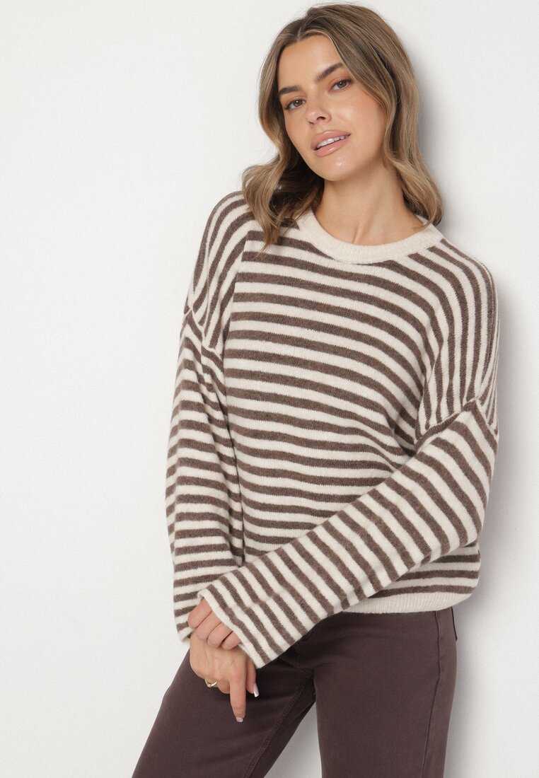 Jasnobeżowy Sweter Oversize w Paski z Dodatkiem Wełny i Wiskozy Tianalla