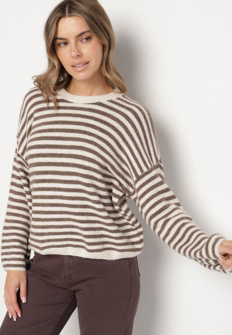 Jasnobeżowy Sweter Oversize w Paski z Dodatkiem Wełny i Wiskozy Tianalla
