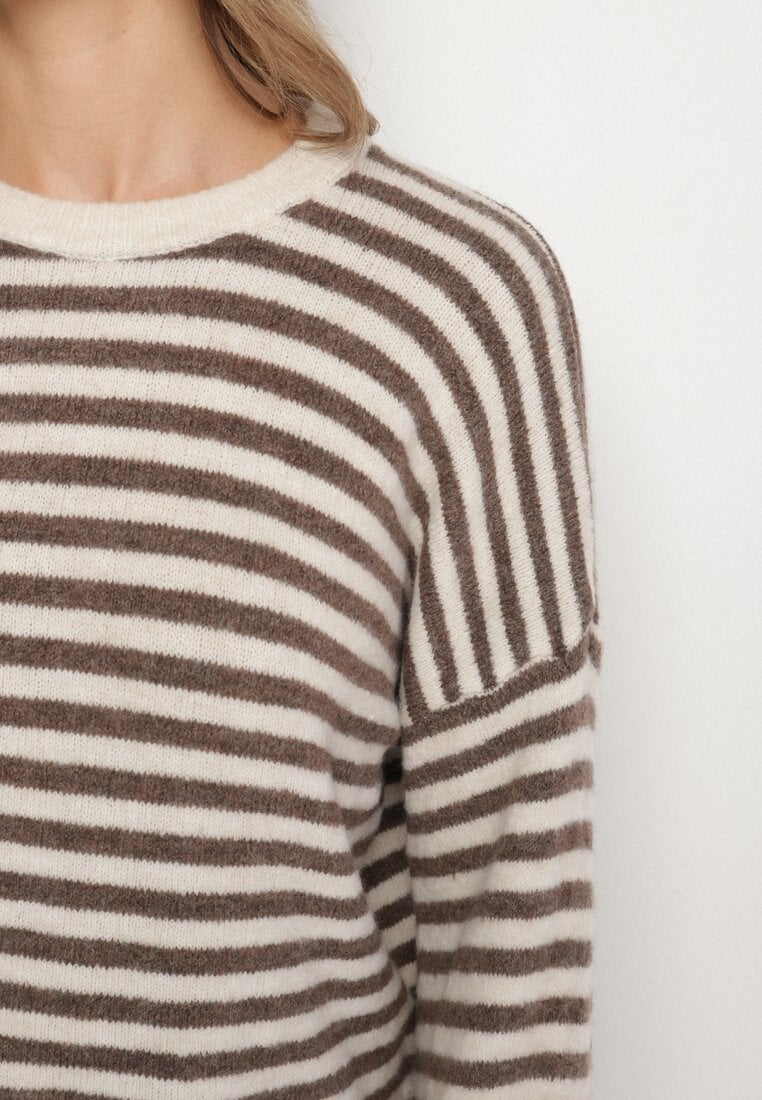 Jasnobeżowy Sweter Oversize w Paski z Dodatkiem Wełny i Wiskozy Tianalla