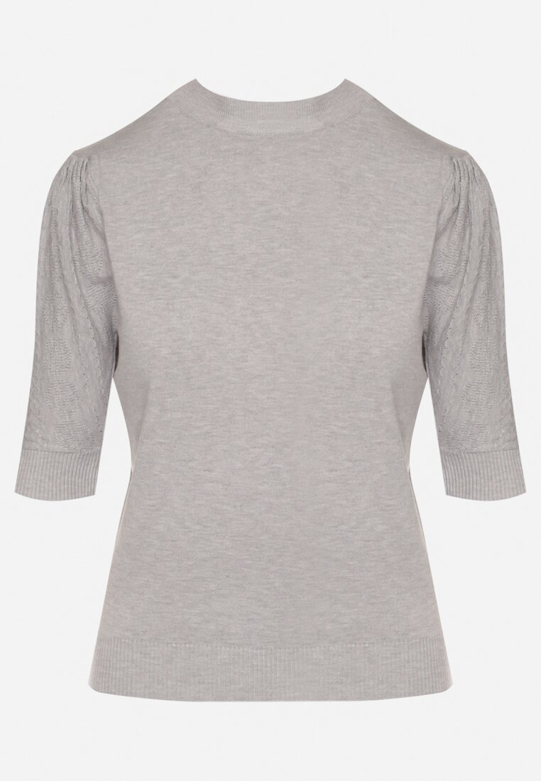 Szary T-shirt z Ażurowymi Rękawami Unessea