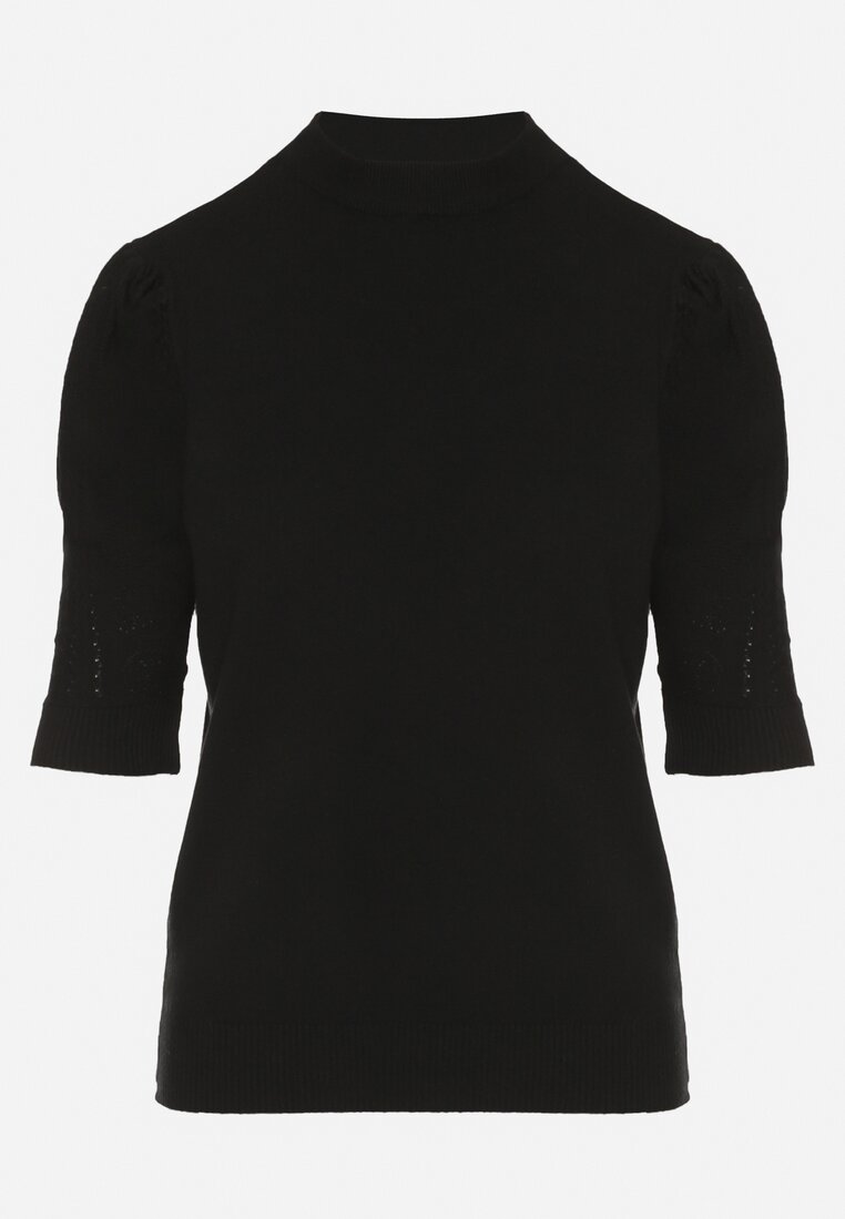 Czarny T-shirt z Ażurowymi Rękawami Unessea
