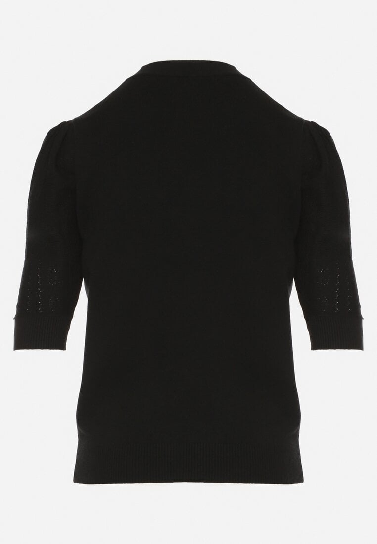 Czarny T-shirt z Ażurowymi Rękawami Unessea