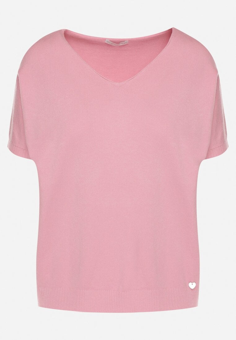 Różowy Dzianinowy T-shirt z Dekoltem w Kształcie Litery V Fenima
