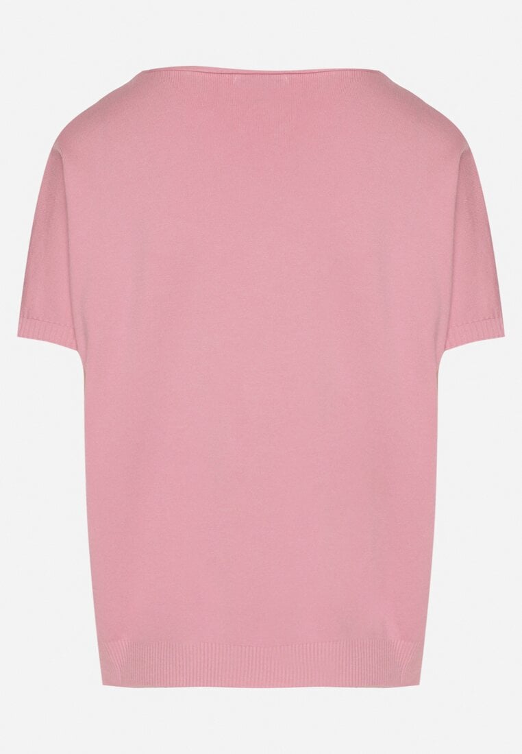 Różowy Dzianinowy T-shirt z Dekoltem w Kształcie Litery V Fenima