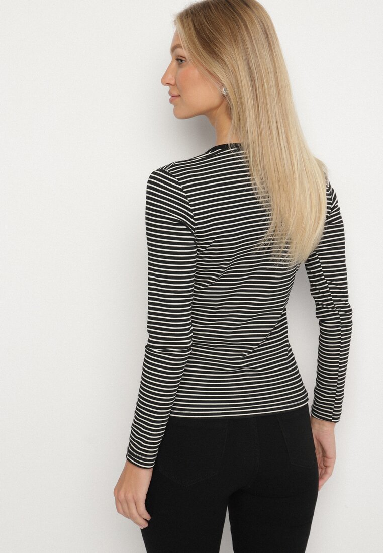 Czarna Bluzka Typu Longsleeve w Paski Ozdobiona Cyrkoniami Ralinella
