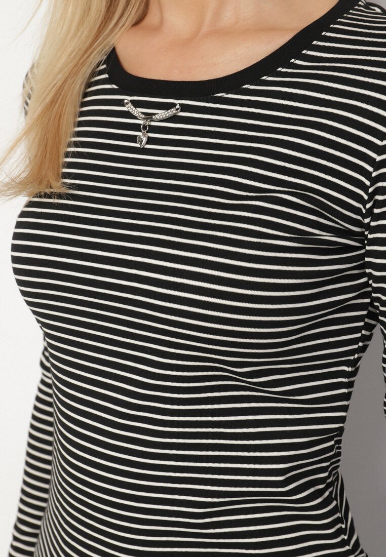 Czarna Bluzka Typu Longsleeve w Paski Ozdobiona Cyrkoniami Ralinella