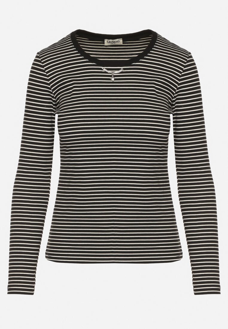 Czarna Bluzka Typu Longsleeve w Paski Ozdobiona Cyrkoniami Ralinella