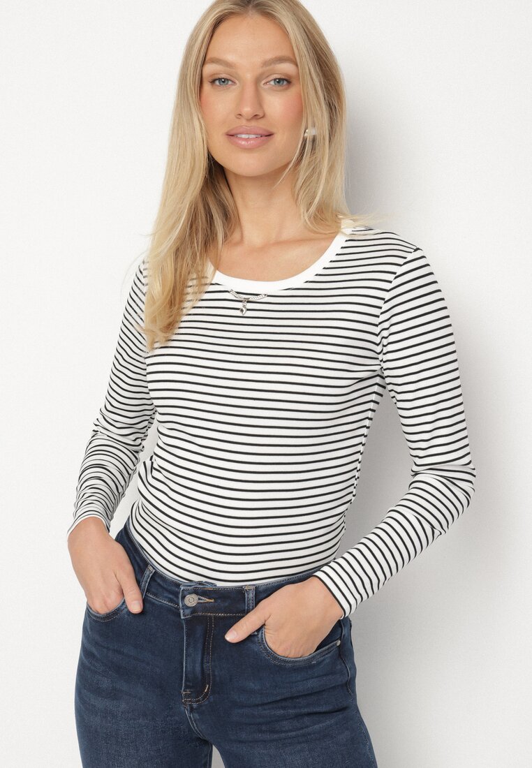 Biała Bluzka Typu Longsleeve w Paski Ozdobiona Cyrkoniami Ralinella