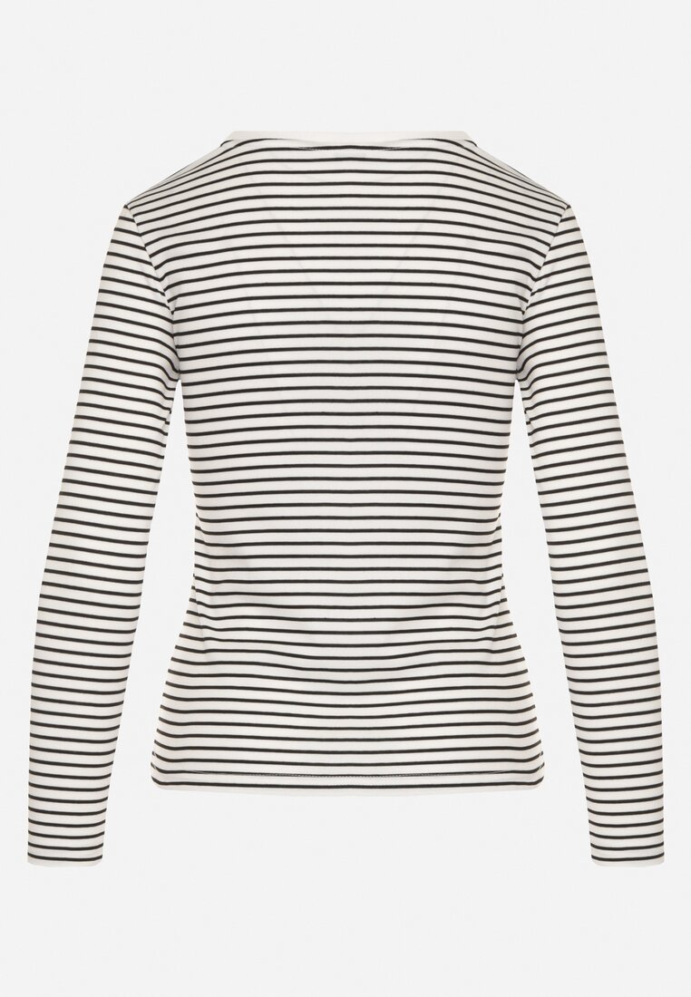 Biała Bluzka Typu Longsleeve w Paski Ozdobiona Cyrkoniami Ralinella
