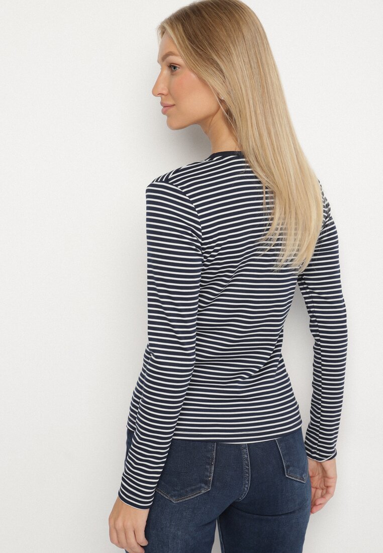 Granatowa Bluzka Typu Longsleeve w Paski Ozdobiona Cyrkoniami Ralinella