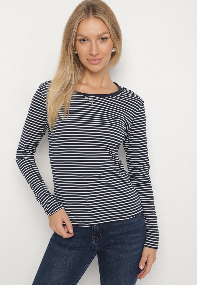 Granatowa Bluzka Typu Longsleeve w Paski Ozdobiona Cyrkoniami Ralinella