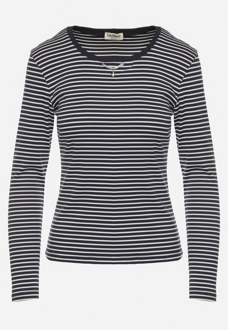Granatowa Bluzka Typu Longsleeve w Paski Ozdobiona Cyrkoniami Ralinella