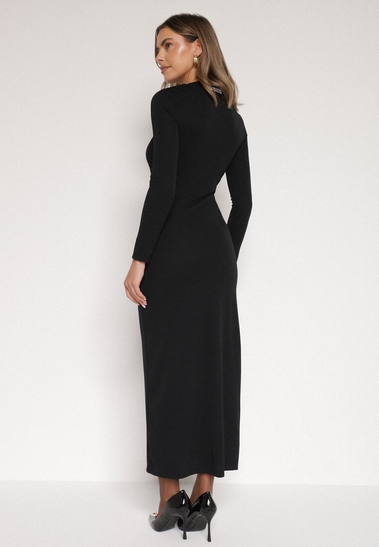 Czarna Sukienka Koktajlowa z Aplikacją z Marszczeniem na Biodrach Rariana